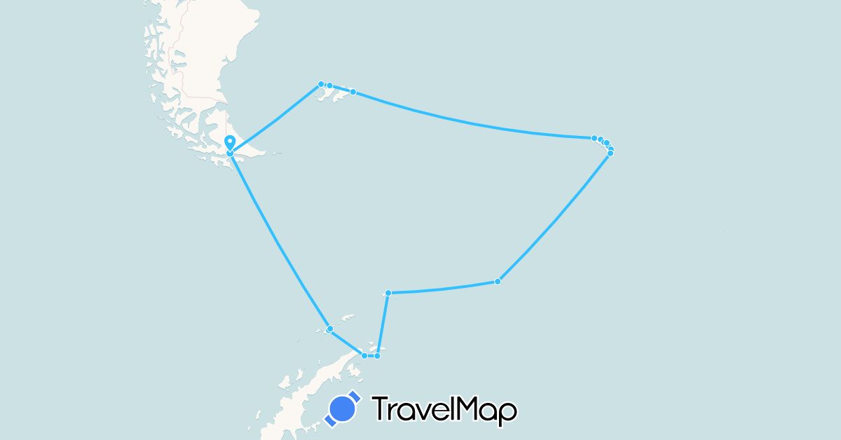 TravelMap itinerary: driving, boat in Argentina, Falkland Islands, South Georgia and the South Sandwich Islands (Antarctica, South America)